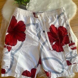 Red and White Hibiscus Swim Trunks Quick-Drying